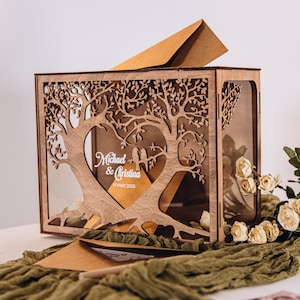 Boîte souvenir personnalisée avec emplacement pour cartes et enveloppes, décoration de douche nuptiale bohème personnalisée, boîte pour cartes d'arbre généalogique, livre d'or photo