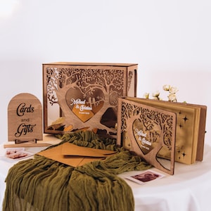 Boîte pour cartes et livre d'or, Pièces maîtresses de mariage, livre d'or personnalisé, décoration minimaliste en bois, cadeau d'anniversaire unique, boîte pour cartes personnalisée