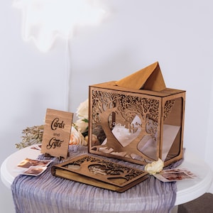 Hochzeitsgeschenk, Hochzeitskartenbox und Gästebuch, Receprion Dekor, Stammbaum-Gästebuch und Kartenbox aus Holz, Hochzeitsfotoalbum, Umschlagbox