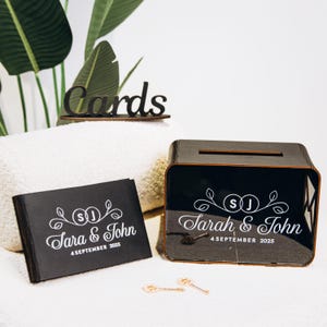 Aangepaste bruiloftset Cuest boek en kaartendoos, bruiloft aandenken doos kaarten en cadeaus doos voor bruiloftsreceptie, houten gegraveerd gastenboek