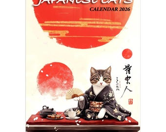 2026 Japanese Cats Sumi-e Style Wall Calendar Kimono Cats Eating Unique Gift for Cat Lovers & Art Enthusiasts, Japanese culture Eco-Friendly