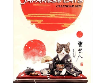 Puede incluir: Calendario "JAPANESE CATS CALENDAR 2026" con un gato en kimono sosteniendo un abanico. El fondo presenta soles rojos y texto japonés. El gato está sentado en una plataforma roja con té y aperitivos.