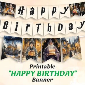 Happy Birthday Bunting Banner, Wizard Party Decorations, Adventures Party Printable Garland, Magic School Birthday Card, Inspired by Harry P