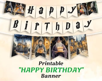Può includere: Banner stampabile "BUON COMPLEANNO" a tema Harry Potter. Il banner presenta immagini di Hogwarts, Harry Potter, Silente e altri personaggi della serie Harry Potter.