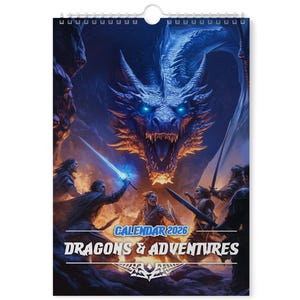2026 Drachen Wandkalender | Fantasy Abenteuer Kalender | Epische Illustrationen | Kalender | RPG Abenteuer Kalender Eco-Friendly (EU &RoW)