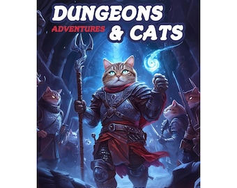 May include: A 2026 wall calendar titled DUNGEONS ADVENTURES & CATS featuring a central tabby cat dressed in dark fantasy armor, holding a staff and glowing blue magic, surrounded by other armored cats in a dark, cavernous, blue-toned setting.
