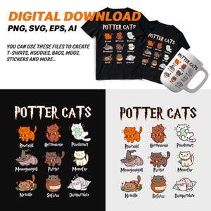 May include: A digital download of a graphic design featuring a set of 12 cat illustrations with Harry Potter character names. The design is available in PNG, SVG, EPS, and AI formats. The text "POTTER CATS" is displayed at the top of the design.