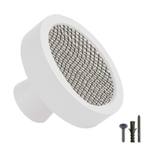 Peut inclure: Bouton de porte rond blanc avec un centre en maille argentée. Le bouton a un petit poteau à l'arrière pour le montage.
