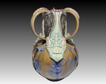 Diablo- Handmade Crystalline Glazed Brown Blue Green Insect Mantis Inspired Ceramicgoddess Art Pottery Vase 14" Tall