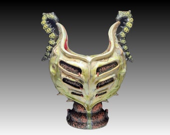 Brahmin Cucurbit- Handmade Crystalline Glazed Yellow Red Green Insect Catapillar Inspired Ceramicgoddess Art Pottery Vase 15" Tall