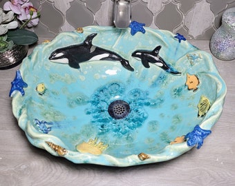 Orca Whale Vessel Sink Ocean Creatures with Waves Round or Oval Handmade Custom Ceramic Art Basin MADE TO ORDER