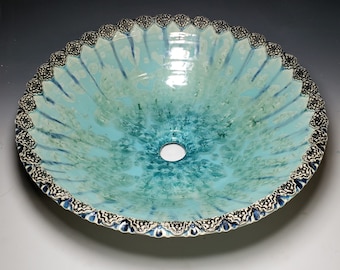 Vessel Sink Moroccan Floral Pattern Border Handmade Art Basin Crystalline Glaze MADE TO ORDER