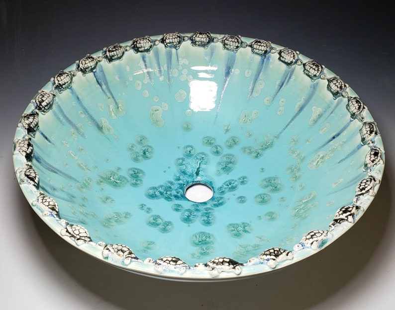 Turtle Art Vessel Sink Border Crystalline Glaze Custom Ceramic Art Basin MADE TO ORDER image 6