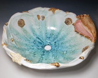 Custom Oval Vessel Sink With Large Conch Shell and Smaller Sea Life Accents Handmade Art Basin Crystalline Glaze MADE TO ORDER