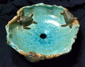 Vessel Sink Sea Turtles Ocean Waves Sandy Beach Handmade Art Basin Crystalline Glaze MADE TO ORDER