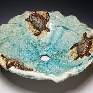 Vessel Sink with Sea Turtles on a Sandy Beach with Waves Handmade Ceramic Art Vessel Basin MADE TO ORDER image 8