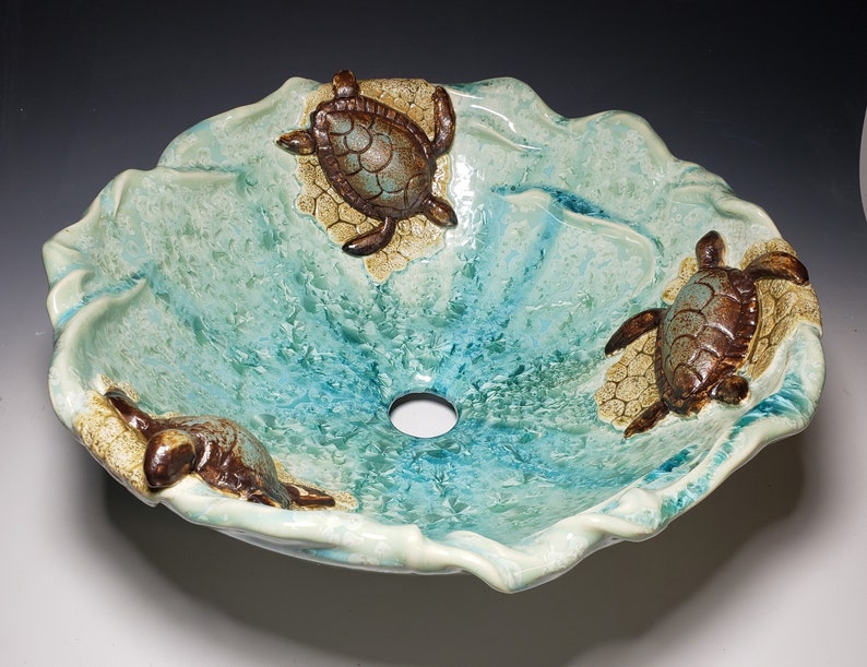 Vessel Sink with Sea Turtles on a Sandy Beach with Waves Handmade Ceramic Art Vessel Basin MADE TO ORDER image 8