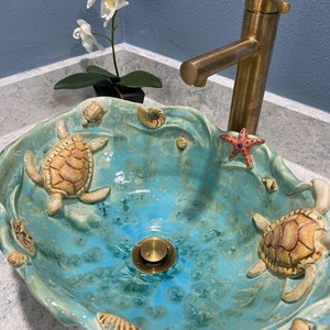 Vessel Sink with Sea Turtles on a Sandy Beach with Waves Handmade Ceramic Art Vessel Basin MADE TO ORDER image 10