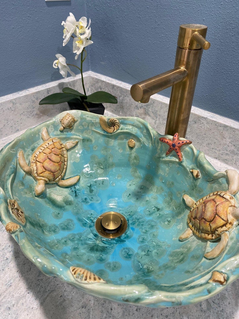 Vessel Sink with Sea Turtles on a Sandy Beach with Waves Handmade Ceramic Art Vessel Basin MADE TO ORDER image 10