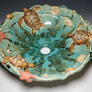 Vessel Sink Custom Sea Turtles and Ocean Creatures in Waves Sculputral Handmade Art Basin Crystalline Glaze MADE TO ORDER