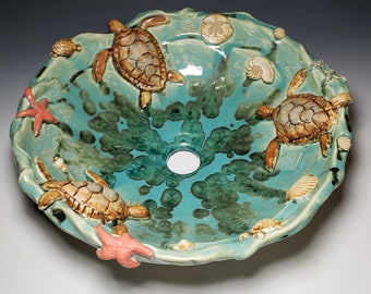 Vessel Sink Custom Sea Turtles and Ocean Creatures in Waves Sculputral Handmade Art Basin Crystalline Glaze MADE TO ORDER