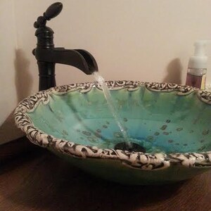 Vessel Sink Art Nouveau Floral Rim Handmade Custom Ceramic Art Basin Crystalline Glaze MADE TO ORDER image 4