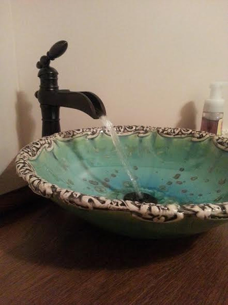 Vessel Sink Art Nouveau Floral Rim Handmade Custom Ceramic Art Basin Crystalline Glaze MADE TO ORDER image 4