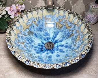 Moroccan Border Vessel Sink Handmade Art Basin Crystalline Glaze MADE TO ORDER