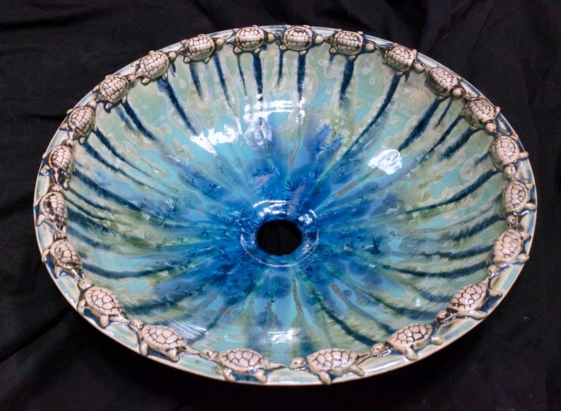 Turtle Art Vessel Sink Border Crystalline Glaze Custom Ceramic Art Basin MADE TO ORDER image 2