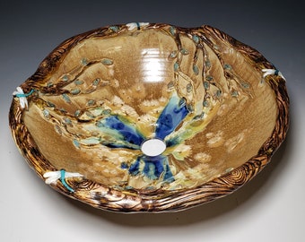 Amazing Tree Vessel Sink Branches and Leaves With a Dragonflies Handmade Art Basin Crystalline Glaze MADE TO ORDER