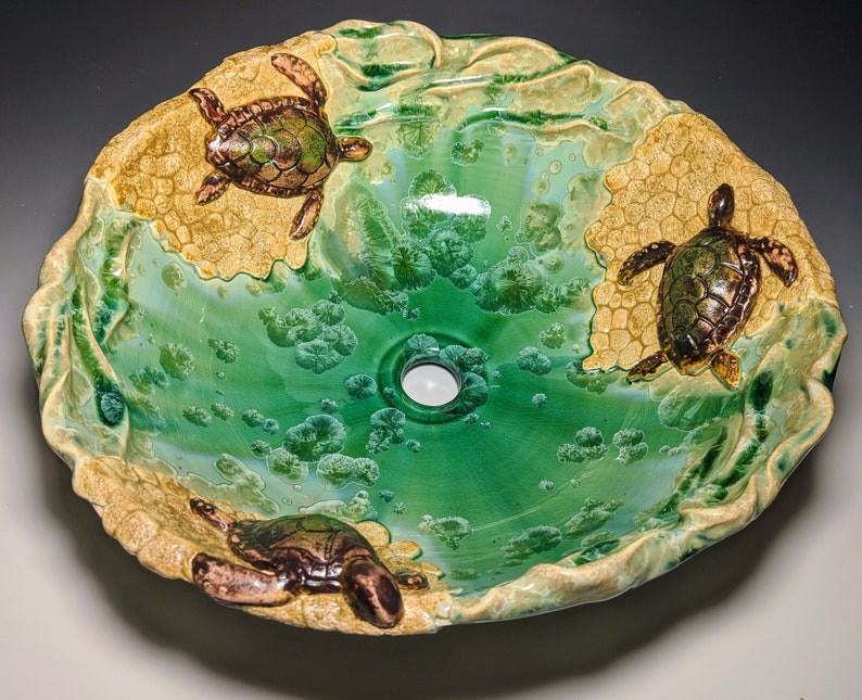 Vessel Sink with Sea Turtles on a Sandy Beach with Waves Handmade Ceramic Art Vessel Basin MADE TO ORDER image 7