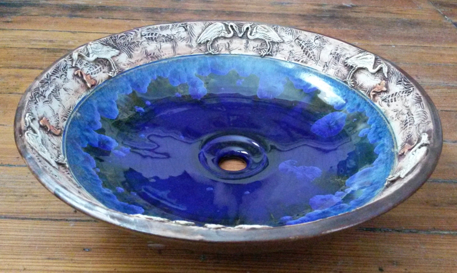Heron Art Vessel Sink With Fish Border Custom Handmade Ceramic Etsy