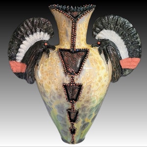 Membracis Shinx Handmade Crystalline Glazed Yellow Red Green Tan Brown Insect Treehopper Inspired Ceramicgoddess Art Pottery Vase 21 Tall image 1