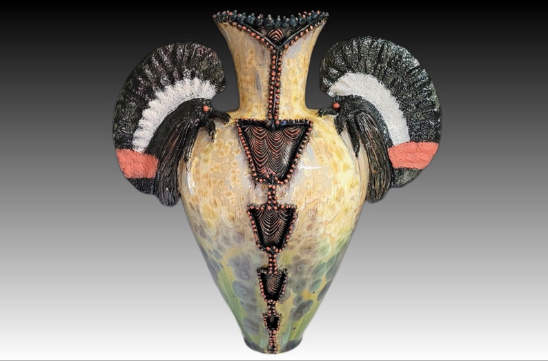 Membracis Shinx Handmade Crystalline Glazed Yellow Red Green Tan Brown Insect Treehopper Inspired Ceramicgoddess Art Pottery Vase 21 Tall image 1