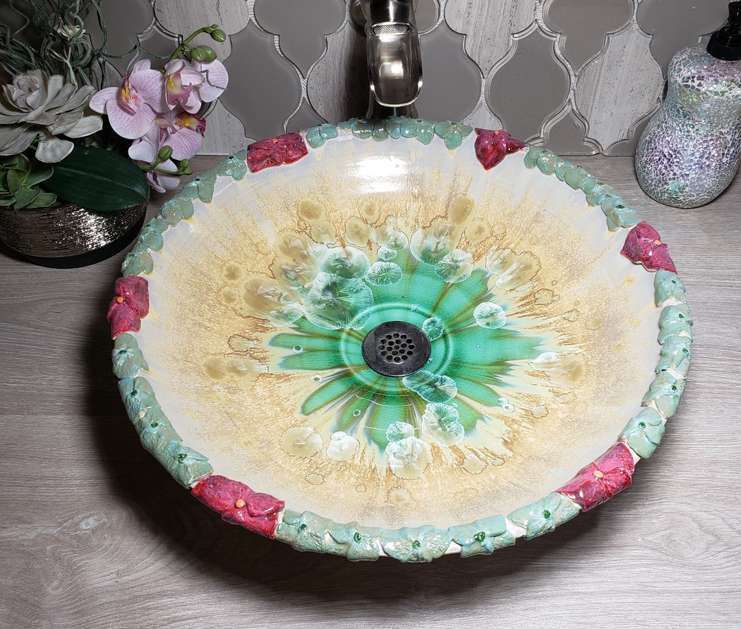 Sculpted Flower Border Vessel Sink Handmade Art Basin in Red Etsy