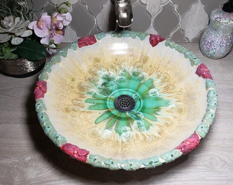 Sculpted Flower Border Vessel Sink Handmade Art Basin in Red Green Tan READY TO SHIP
