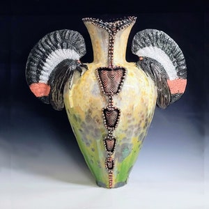 Membracis Shinx Handmade Crystalline Glazed Yellow Red Green Tan Brown Insect Treehopper Inspired Ceramicgoddess Art Pottery Vase 21 Tall image 8