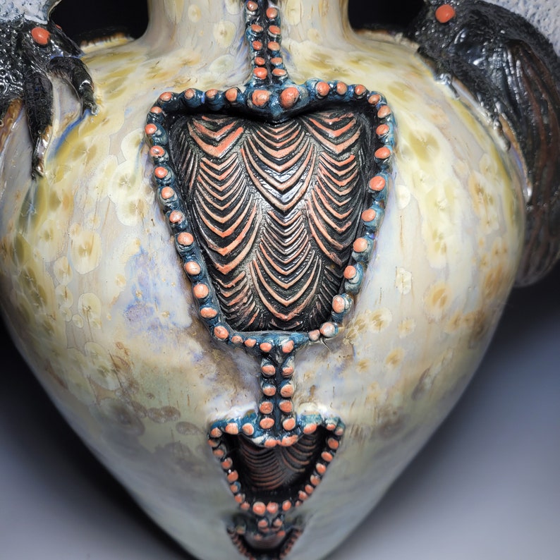 Membracis Shinx Handmade Crystalline Glazed Yellow Red Green Tan Brown Insect Treehopper Inspired Ceramicgoddess Art Pottery Vase 21 Tall image 5