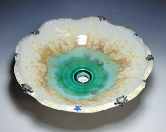 Ready to Ship Organic Rim with Small Sea Turtles Handmade Ceramic Vessel Sink in Creams, Browns, Green Crystalline Glaze 15"  Diameter
