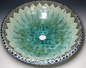 Vessel Sink Paisley Floral Pattern Border Custom Ceramic Handmade Art Basin Crystalline Glaze MADE TO ORDER