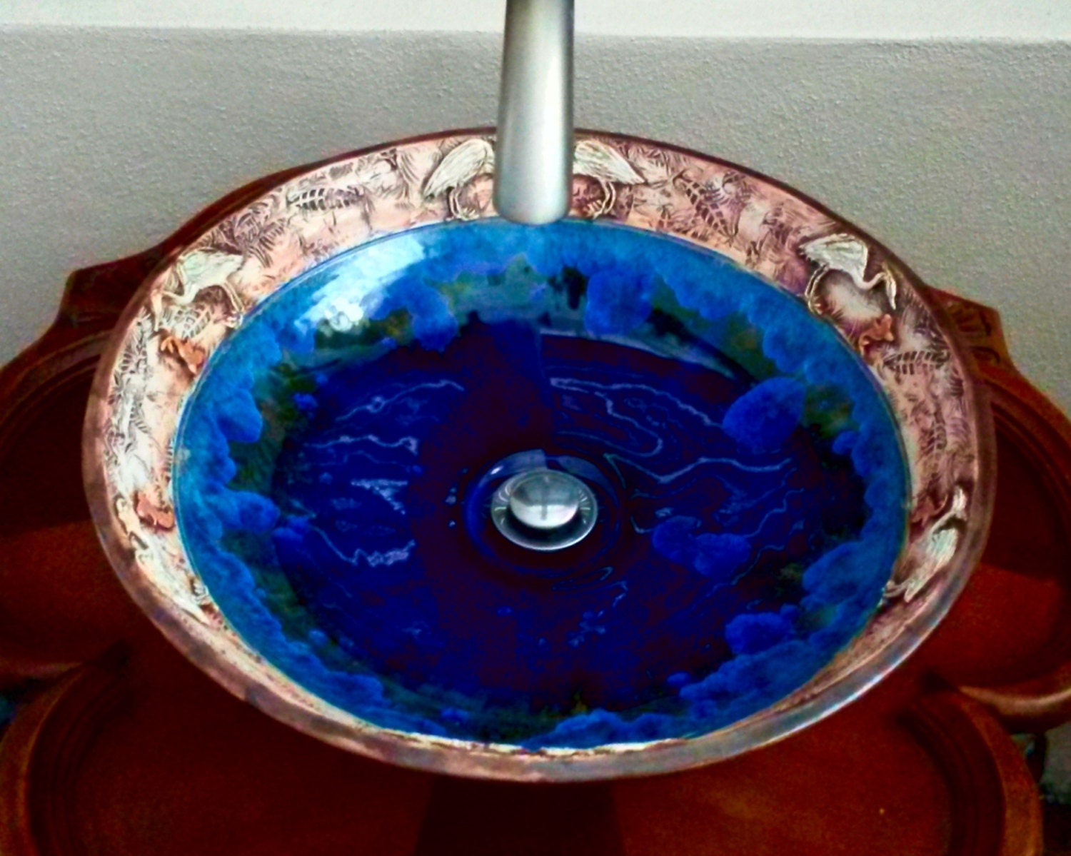 Heron Art Vessel Sink With Fish Border Custom Handmade Ceramic Etsy