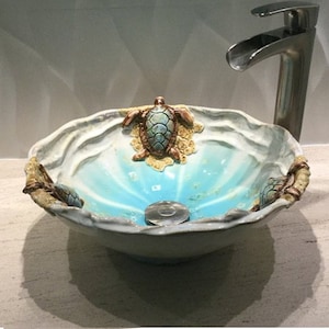 Vessel Sink with Sea Turtles on a Sandy Beach with Waves Handmade Ceramic Art Vessel Basin MADE TO ORDER image 1