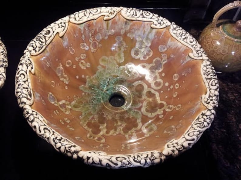 Vessel Sink Art Nouveau Floral Rim Handmade Custom Ceramic Art Basin Crystalline Glaze MADE TO ORDER image 3