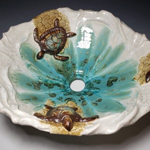 Vessel Sink with Sea Turtles on a Sandy Beach with Waves Handmade Ceramic Art Vessel Basin MADE TO ORDER image 5