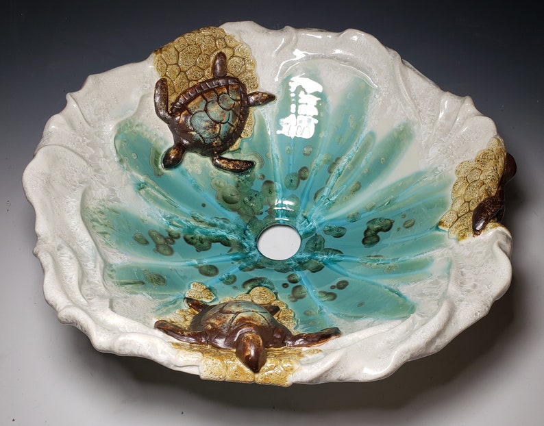 Vessel Sink with Sea Turtles on a Sandy Beach with Waves Handmade Ceramic Art Vessel Basin MADE TO ORDER image 5