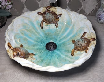 READY to Ship Sea Turtles On Sand With Ocean Wave Rim Creams to Turquoise Crystalline Glazed Handmade Vessel Sink 15" Diameter 5 1/4" deep