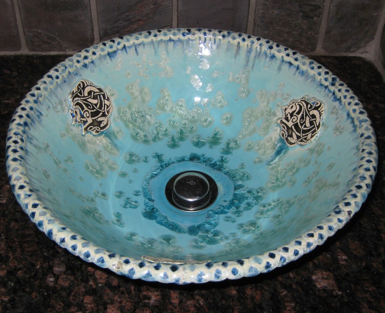 Made To Order Handmade Custom Stamped Vessel Sink Crystalline Glazed Sink 15 In Diameter Or Less