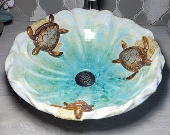 READY to Ship Sea Turtles On Sand With Ocean Wave Rim Creams to Turquoise Crystalline Glazed Handmade Vessel Sink 14 1/2" Diameter 5" deep