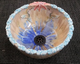 Humming Bird with Flowers Vessel Sink Custom Handmade Ceramic Art Basin MADE TO ORDER