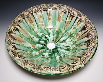 Vessel Sink Arabic Floral Lace Rim Detail Custom Art Basin Crystalline Glaze Ceramic MADE TO ORDER